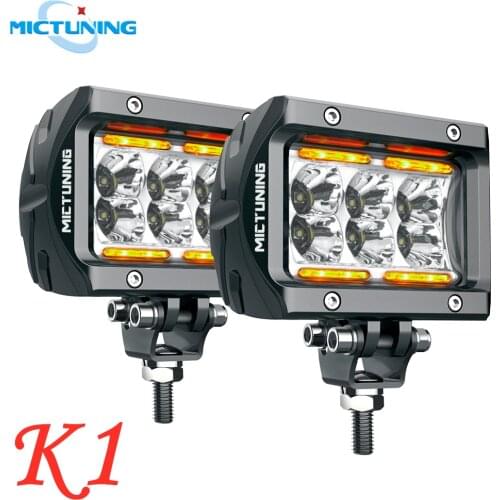 MICTUNING 4'' 18W Pods LED Work Light Bar w/ Amber Ambient Light Spot/Flood Off Road Car Driving Fog Lamp for Jeep UTV SUV Truck