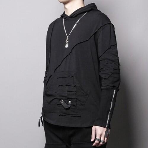 Spring Hoodie black tie tattered stitching zipper design hoodie loose base minority hoodie trend