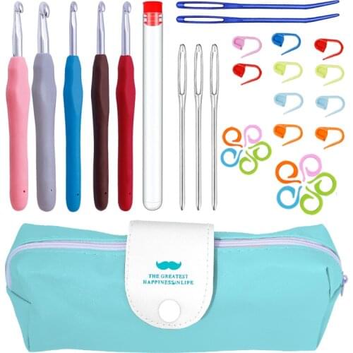 KAOBUY 28PCS Ergonomic Handle Crochet Hooks Knitting Needles, Crochet Hooks Set Large-Eye Yarn Needles, Plastic Stitch Markers