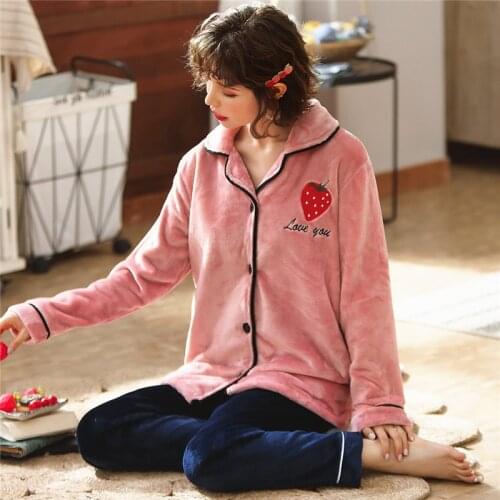 Strawberry Women Winter Coral fleece Pajamas set Warm Couple Long-sleeved Sleepwear Pijama Flower Homme Nightwear Pyjamas MSJ07B