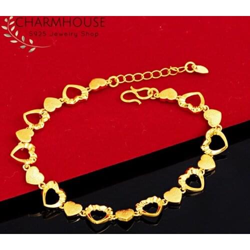 Charmhouse Pure Gold Color Bracelets For Women 8mm Hearts Link Chain Bracelet & Bangle Pulseira Wristband Fashion Jewelry Gifts