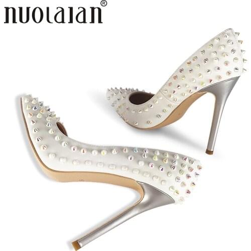 2018 Brand Fashion Women Shoes Sexy Stilettos Wedding Shoes 12cm Rivert High Heels Party Pointed Toe Women Pumps