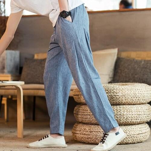#8037 Summer Cotton Linen Harem Pants Men Casual Solid Color Ankle-length Japanese Streetwear Trousers Loose Thin Plus Size 5XL