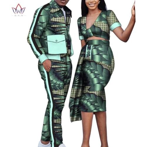 Hip Hop African Couples Attire Bazin Riche Dashiki Mens Casual Suits and Women Skirt Sets African Clothes for Lovers WYQ797