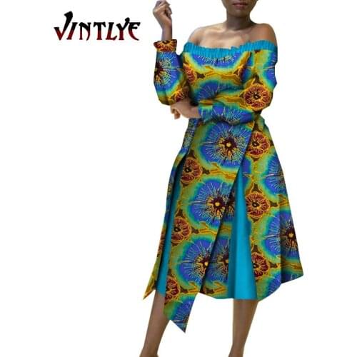 African Dresses for Women Ankra Print Lady Casual Clothes Elegant Tube Collar Bazin Riche Dashiki Attire for Party Wear WY5329