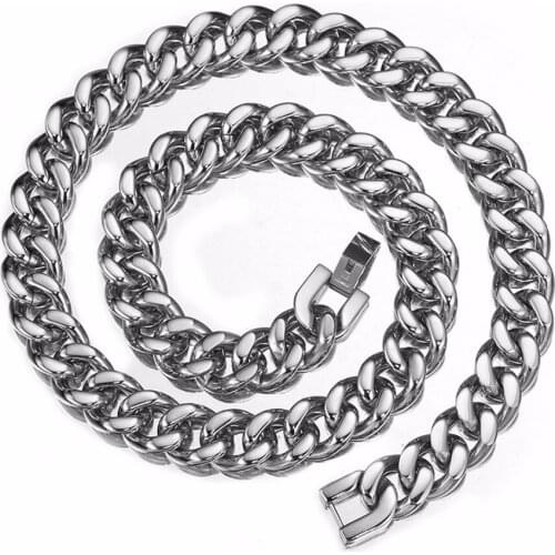 New Fashion Style 15mm Wide Silver Color Stainless Stee Curb Cuban Link Chain Necklace Chain Men Jewelry Gift Necklace 7-40"