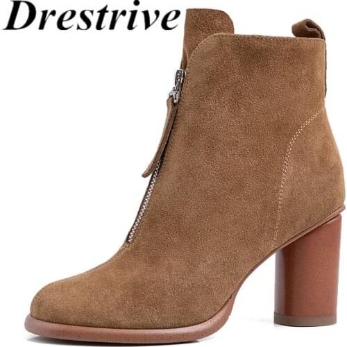 Drestrive Cow Suede 2020 Winter Shoes High Heels 7.5 cm Round Toe Zipper Woman Ankle Boots Black Size 41Platform