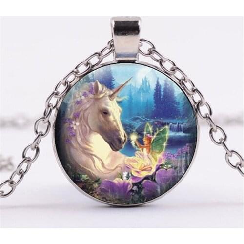 Unicorn Fairy Photo Cabochon Glass Chain Necklace,Charm Creative Women Pendants Fashion Jewelry Accessory,Gifts