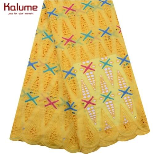 Kalume New Arrival African Lace Fabric Latest Holes Nigerian Swiss Cotton Lace Fabric With Stones For People Daily Dress F1839