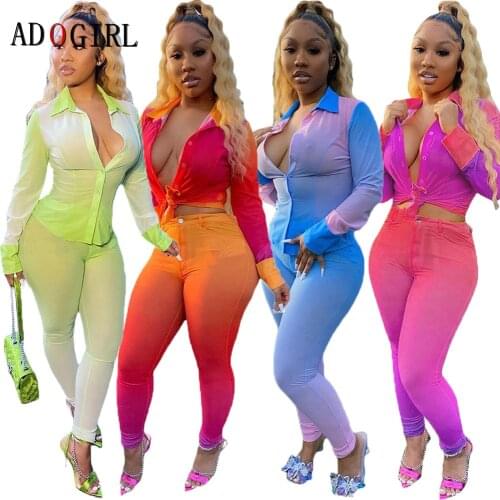 Adogirl Fluorescence Tie Dye Set Long Sleeve Shirt +Pants Streetwear Fashion Female Workout Tracksuits Matching Sets Plus Size