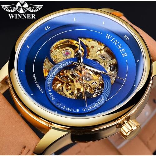 Winner Mechanical Automatic Mens Watch Fashion Leather Strap Blue Skeleton Dial Casual Wristwatch Waterproof Luminous Hand Clock