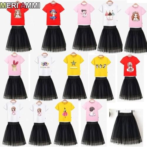 MERI AMMI 2 pcs Set Children Girl Clothing Outfit Set Cartoon Floral Tee +TuTu Skirts For 3-13 Year Girl