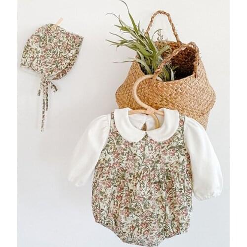 MILANCEL 2020 autumn baby clothes floral baby bodysuit and hat peter pan collar baby blouse toddler girls outfit 3 pcs babyset