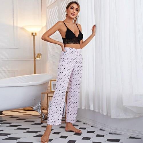 Fashon Lace Bralette Pant Suit Womens Nightwear Sexy Sleepwear Dot Print Pajamas Set Girls Summer Clothes