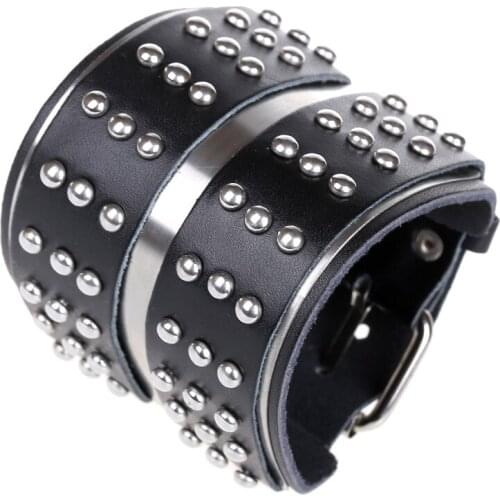 Width Black Leather Men Cuff Bracelets Silver Rivet Design Fashion Punk Bangles Male Charms Adjustable Size Hand Jewelry Gifts