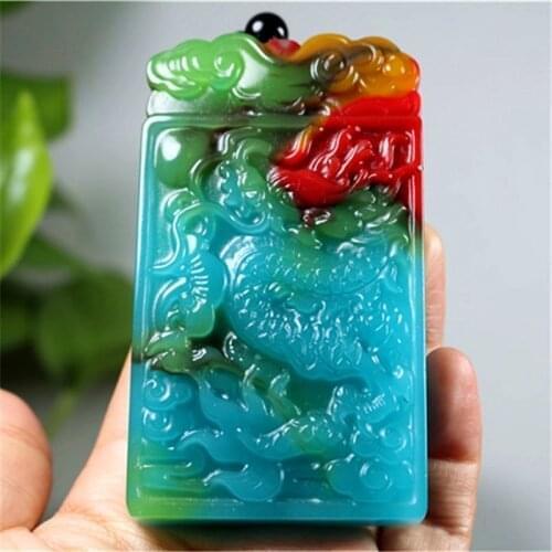 Natural Blue Green Hand Carved Zodiac Dragon Jade Pendant Fashion Jewelry Mens and Womens Zodiac Dragon Necklace