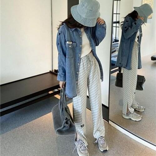Retro Loose Wide Leg Trousers Korean Fashion Women Casual Plaid Pants Harajuku All-match Streetwear Split Fork Pants