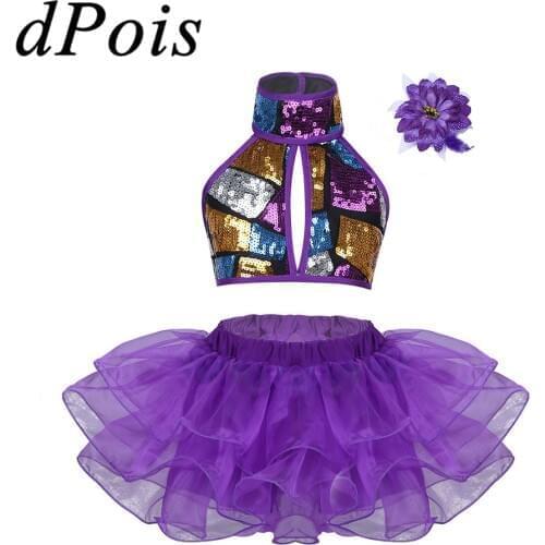 DPOIS Girls Contemporary Jazz Hiphop Gymnastics Leotard Dance Costume Kids Top Tutu Skirt Sequins Shiny Gym Ballet Dancing Dress