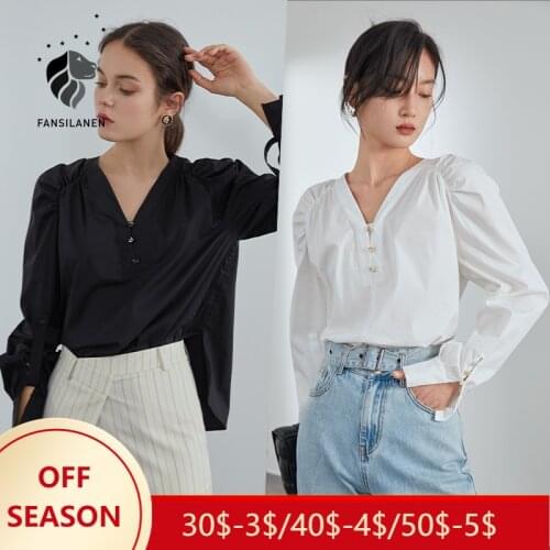FANSILANEN Retro Shirt Women 2021 Spring New V-neck Top All-match Chic White Black Long-sleeved Shirt Women Top Dropshipping