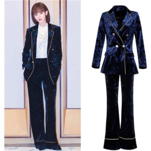 Women Pant Suits spring New high quality gold velvet temperament Gold Border suit OL two sets fashion Flared pant suits women