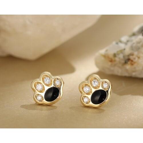 Simple Cute Gold Cat Paw Stud Earrings Women Girls INS Exquisite Zircon Drip Oil Animal Claw Earrings Jewelry Birthday Gift