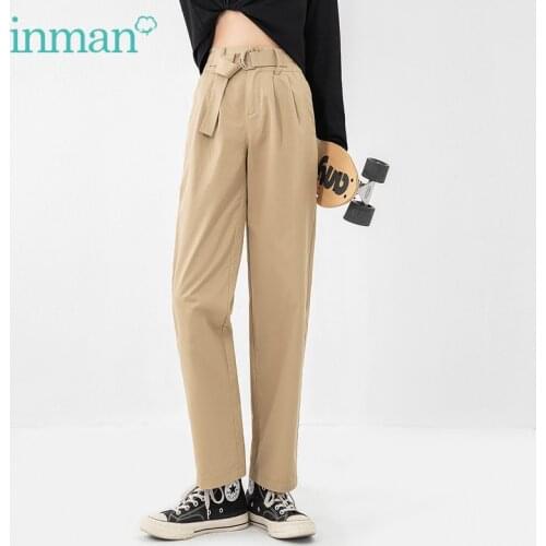 INMAN Cropped Pants Women Casual Daily Style Elastic Adjustable High Waist Belt Large Pockets Straight Solid Color Trousers