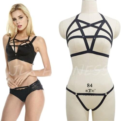 Women Gothic Pentagram Harness Elastic Crop Top Pentagram Bra Fetish Wear Briefs Panties Adjustable Body Bondage Harness Belt
