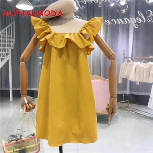ALPHALMODA Summer Womens Ruffled Shoulder Pullovers A-line Solid Dress Different Ways of Wearing Loose Summer Vestidos