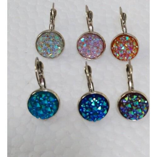 12prs/lot 12mm Rhodium color French Hook Bridal Druzy Earring,Faux Druzy Bridesmaid Earrings For Boho Jewelry