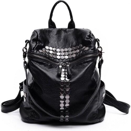 2020 Fashion Female Leisure Bag Women Backpacks Rivet Black Soft Washed Leather Bag Schoolbags For Girls