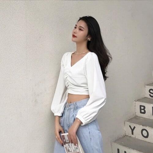 2021 New Design Women Blouse V-Neck Lantern Sleeved Solid Short Slim Sexy High Waist Lady Elegant Pulls Outwear Coat Tops