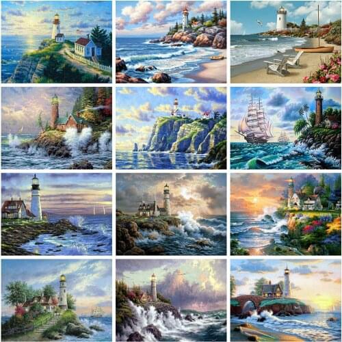 5D DIY Suare Diamond Painting Lighthouse Embroidery Cross Stitch Landscape Seaside Picture Of Rhinestones Mosaic Diamond Art