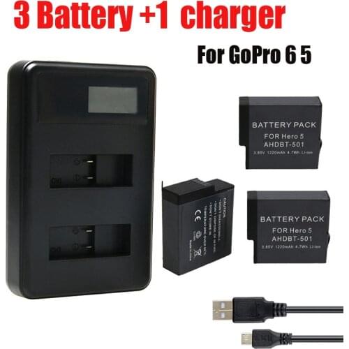 3Pcs battery Go Pro Hero5 6 Bateria + USB LCD Dual Port Charger for GoPro Hero 6 7 8 AHDBT 501 601 For GoPro Camera accessories