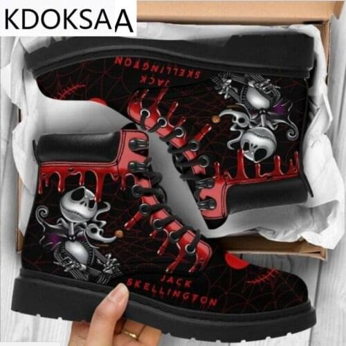 Martin Boots Womens Autumn and Winter New2021British Fashion Womens Tooling Boots Skull and Flower Print High-top Boots Ladies