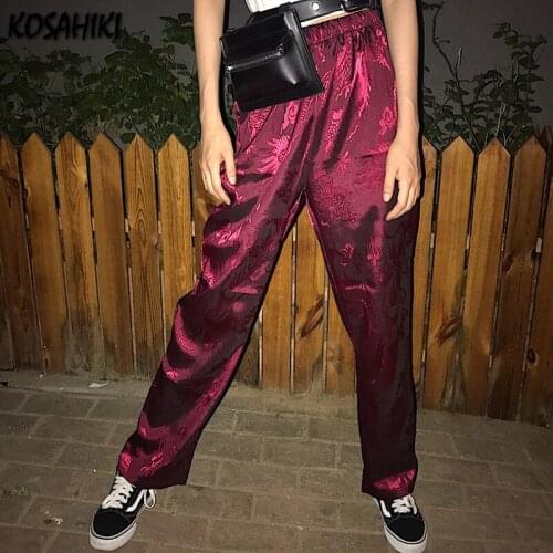 KOSAHIKI Dragon Print High Waisted Wide Leg Pants Women Cargo Korean Fashion Streetwear Casual Joggers Trousers Female Pants