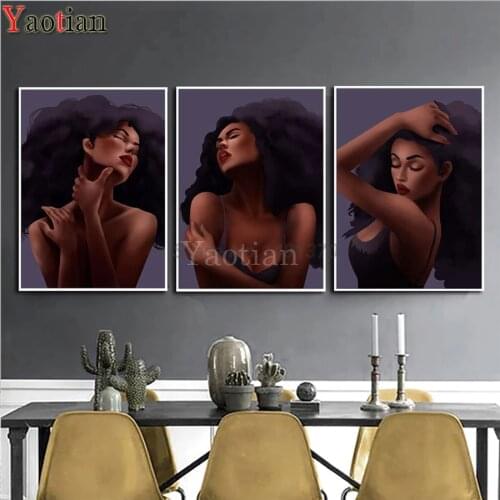 DIY Full Diamond Embroidery African Woman Black Curly Hair Sexy Girl Diamond Painting Kits Mosaic Diamant Painting 3 Pcs/sets