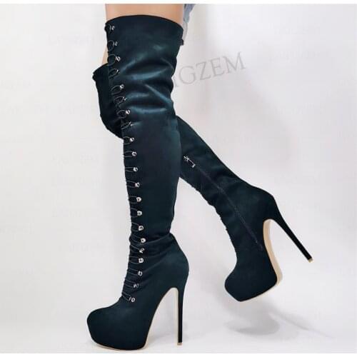 DOBANER Women Thigh High Platform Boots Faux Suede Stiletto Shoes Woman Over Knee Boots Tall Unisex Plus Size 43 44 47 50 52
