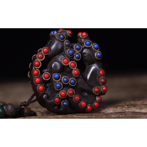 2" Tibet Buddhism Temple Marnyi Stone Inlaid gems Happy Buddha Men and women double training Lust Eros Handle Pendant