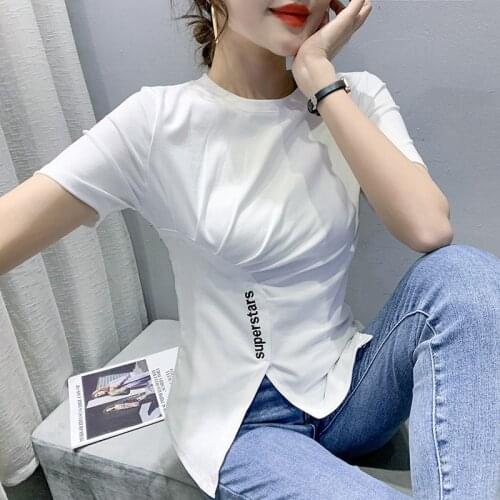 Women T-shirt Slit Irregular Slim Letter Printed Short Sleeve Basic Tee Shirt Solid Oversized Casual O-neck Harajuku Female Top