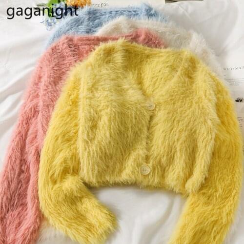 Gaganight Solid Women Cardigan Long Sleeves V Neck Single Breasted Chic Korean Sweater Soft Office Lady Short Outwear Kardigan