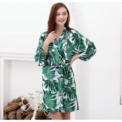 Satin silk kimono robe green leaf robe bridesmaid gift print sleepwear bridesmaid gift spa robes for girls birthday party