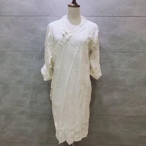 Johnature 2020 Spring New Solid Color V-neck Pockets Retro Plate Buckle Lace Up Dress Cotton Linen Comfortable Women Dresses