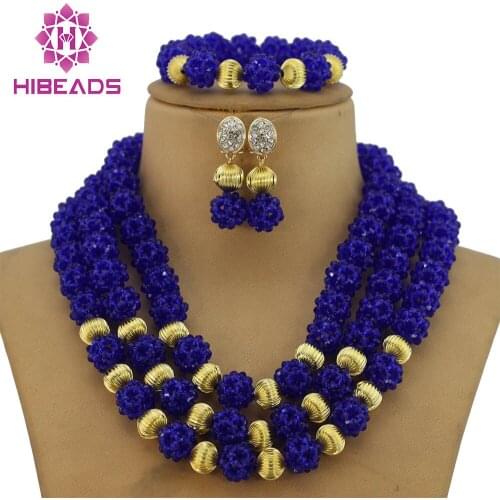 Classic Royal Blue African Costume Beaded Jewelry Set Handmade 3 Layers Nigerian Beads Wedding Jewellery Set Free Shipping GB005