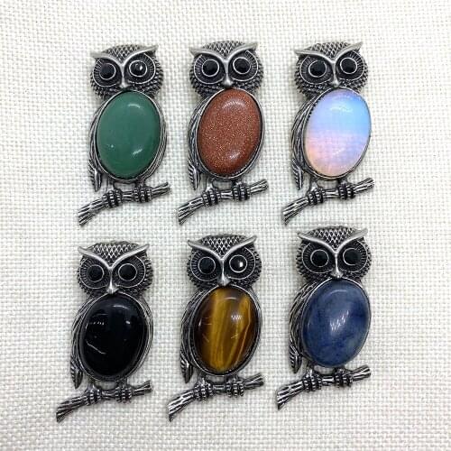 Natural Stone Pendant Tiger Eye Stone Golden Sand Stone Black Agate Opal Green Aventurine Owl Shape DIY Jewelry Making Necklace