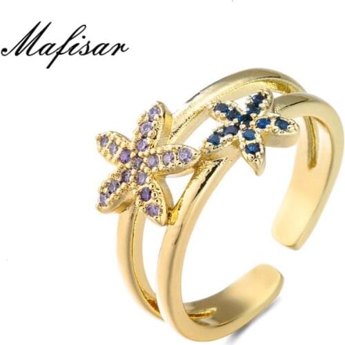 Mafisar Birthday Gift Gold Color Double Flower Charm Wedding Ring For Women Hot Sale CZ Engagement Jewelry Female Accessories