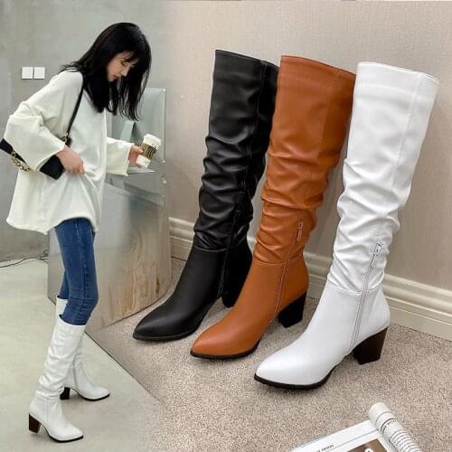 YMECHIC Fashion Winter Pleated Tall High Heels Boots Women Pointed Toe Black White Ladies Ride Long Knee High Boots Botas Shoes