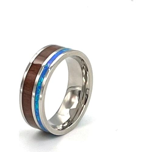 8MM Wholesale Jewelry Stone Rings For Men Stainless Steel Inlaid Opal Wood Wedding Bands