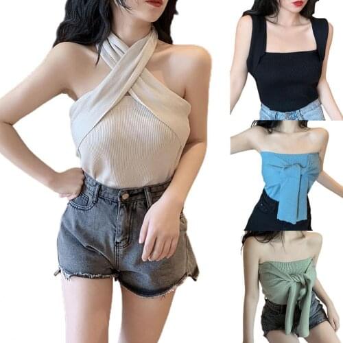 Sexy Women Vest Solid Color Ribbed Sleeveless Bandages Knitted Bandeau Tube Top for Party