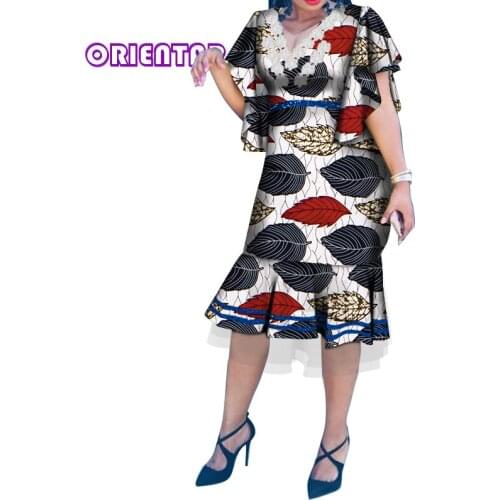 Casual African Dresses for Women African Wax Print Bazin RicheV-Neck Ankara Dress PRIVATE CUSTOM Large Size Midi Dress WY6220