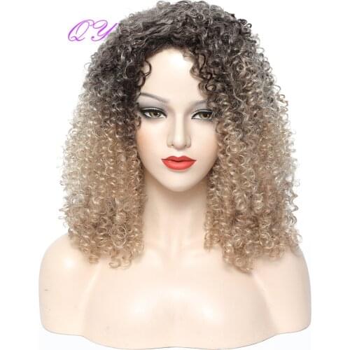 QY Hair Wigs Black Ombre Blonde Natural Wigs Afro Kinky Curly Synthetic Hair For White Women Or Girls Middle Length